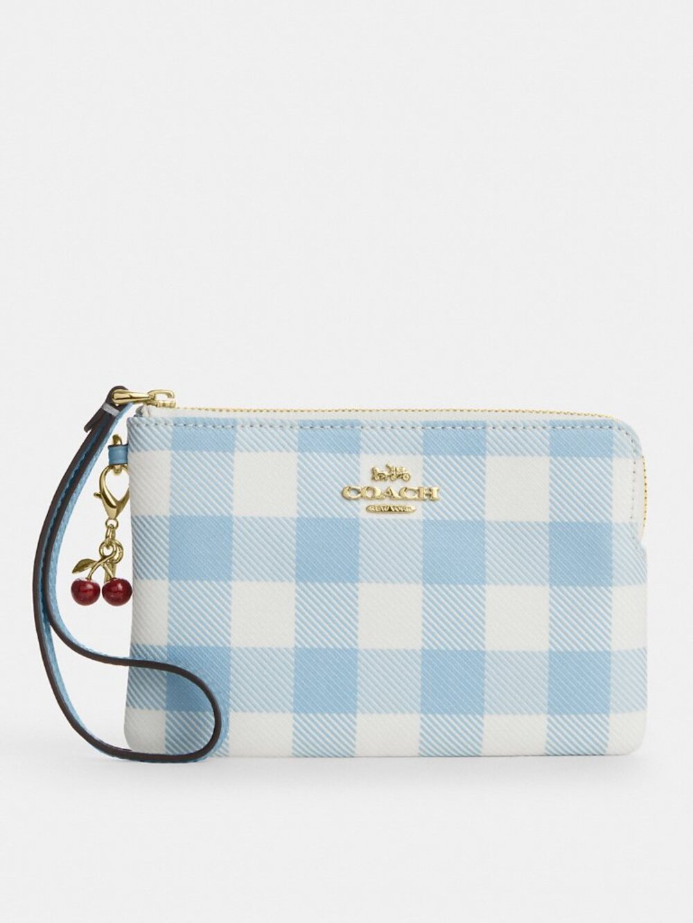 Coach Corner Zip Wristlet With Gingham Print And Charm